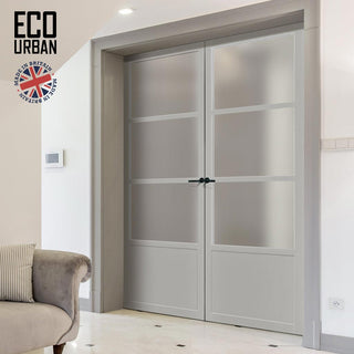 Image: Eco-Urban Staten 3 Pane 1 Panel Solid Wood Internal Door Pair UK Made DD6310SG - Frosted Glass - Eco-Urban® Mist Grey Premium Primed