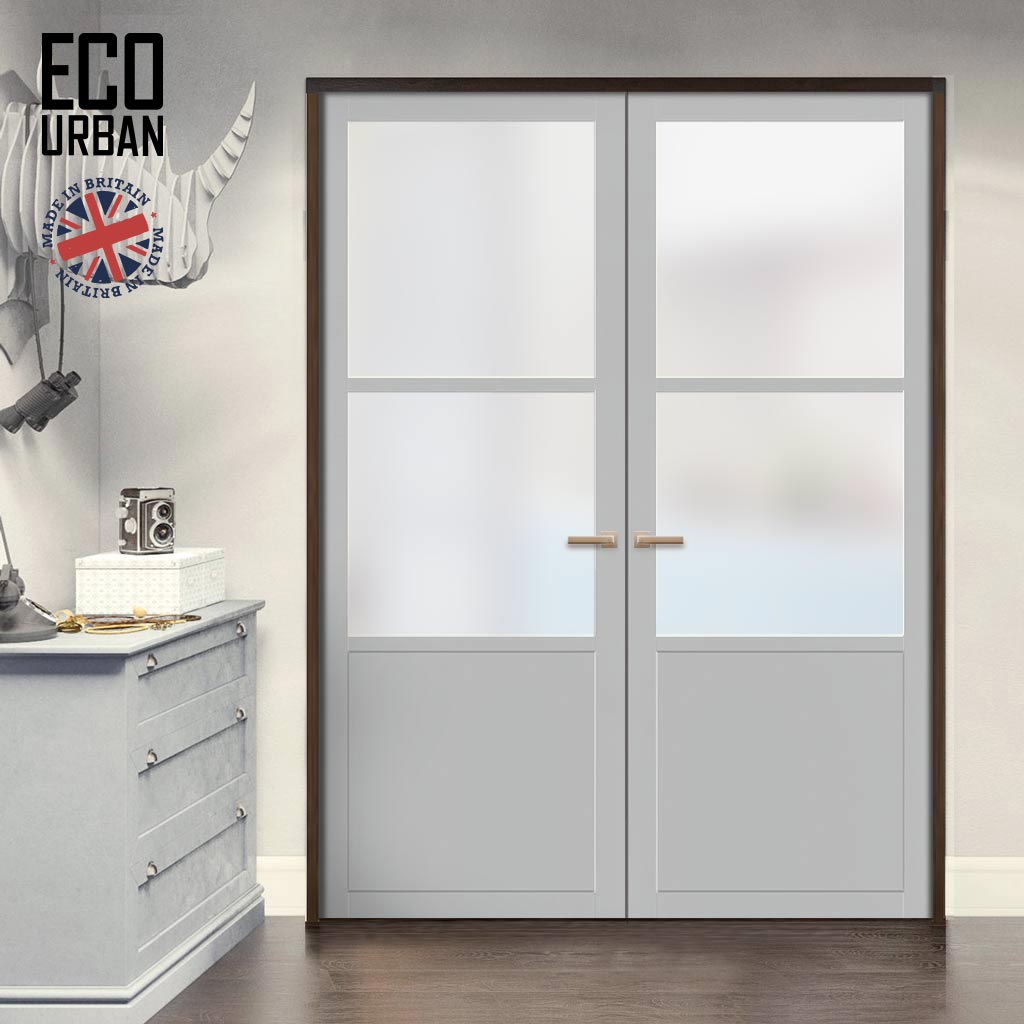 Eco-Urban Berkley 2 Pane 1 Panel Solid Wood Internal Door Pair UK Made DD6309SG - Frosted Glass - Eco-Urban® Mist Grey Premium Primed