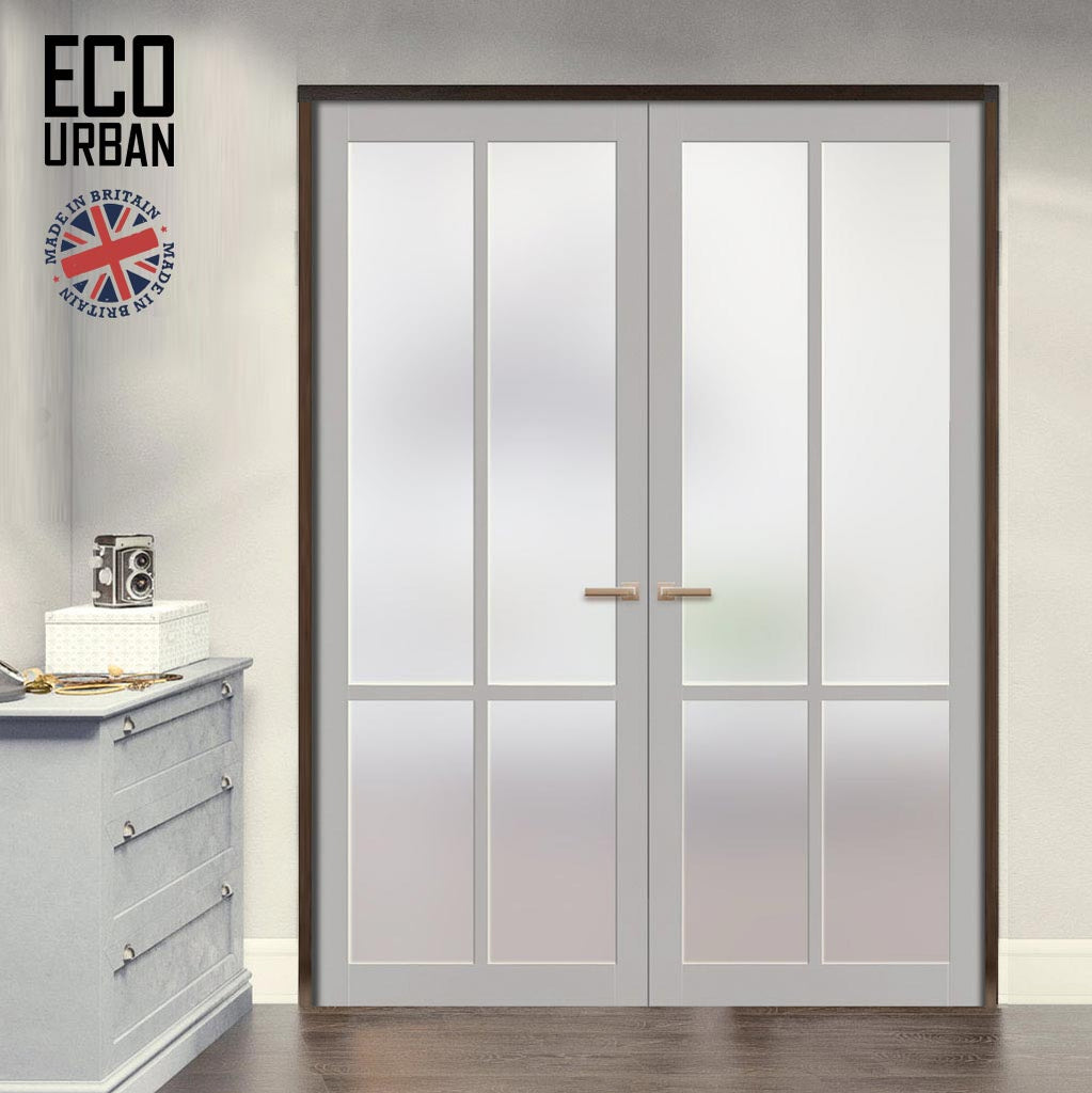 Eco-Urban Bronx 4 Pane Solid Wood Internal Door Pair UK Made DD6315SG - Frosted Glass - Eco-Urban® Mist Grey Premium Primed