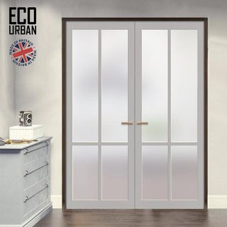 Image: Eco-Urban Bronx 4 Pane Solid Wood Internal Door Pair UK Made DD6315SG - Frosted Glass - Eco-Urban® Mist Grey Premium Primed