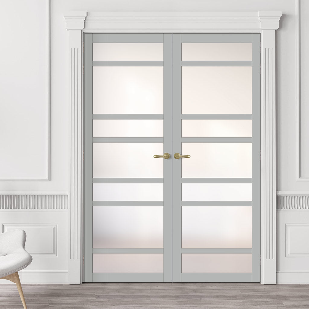 Eco-Urban Metropolitan 7 Pane Solid Wood Internal Door Pair UK Made DD6405SG Frosted Glass - Eco-Urban® Mist Grey Premium Primed