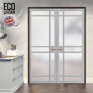 Image: Eco-Urban Leith 9 Pane Solid Wood Internal Door Pair UK Made DD6316SG - Frosted Glass - Eco-Urban® Mist Grey Premium Primed