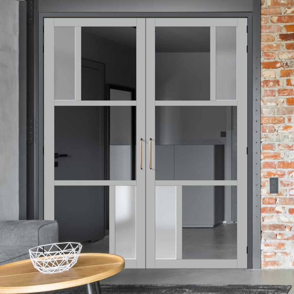 Eco-Urban Arran 5 Pane Solid Wood Internal Door Pair UK Made DD6432G Clear Glass(2 FROSTED PANES)  - Eco-Urban® Mist Grey Premium Primed