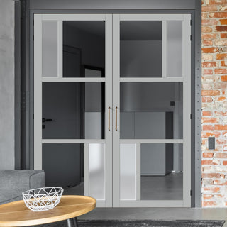 Image: Eco-Urban Arran 5 Pane Solid Wood Internal Door Pair UK Made DD6432G Clear Glass(2 FROSTED PANES)  - Eco-Urban® Mist Grey Premium Primed