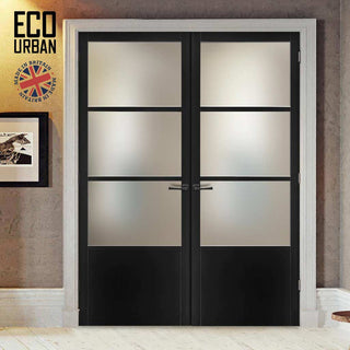 Image: Eco-Urban Staten 3 Pane 1 Panel Solid Wood Internal Door Pair UK Made DD6310SG - Frosted Glass - Eco-Urban® Shadow Black Premium Primed