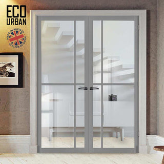 Image: Marfa 4 Pane Solid Wood Internal Door Pair UK Made DD6313G - Clear Glass - Eco-Urban® Mist Grey Premium Primed