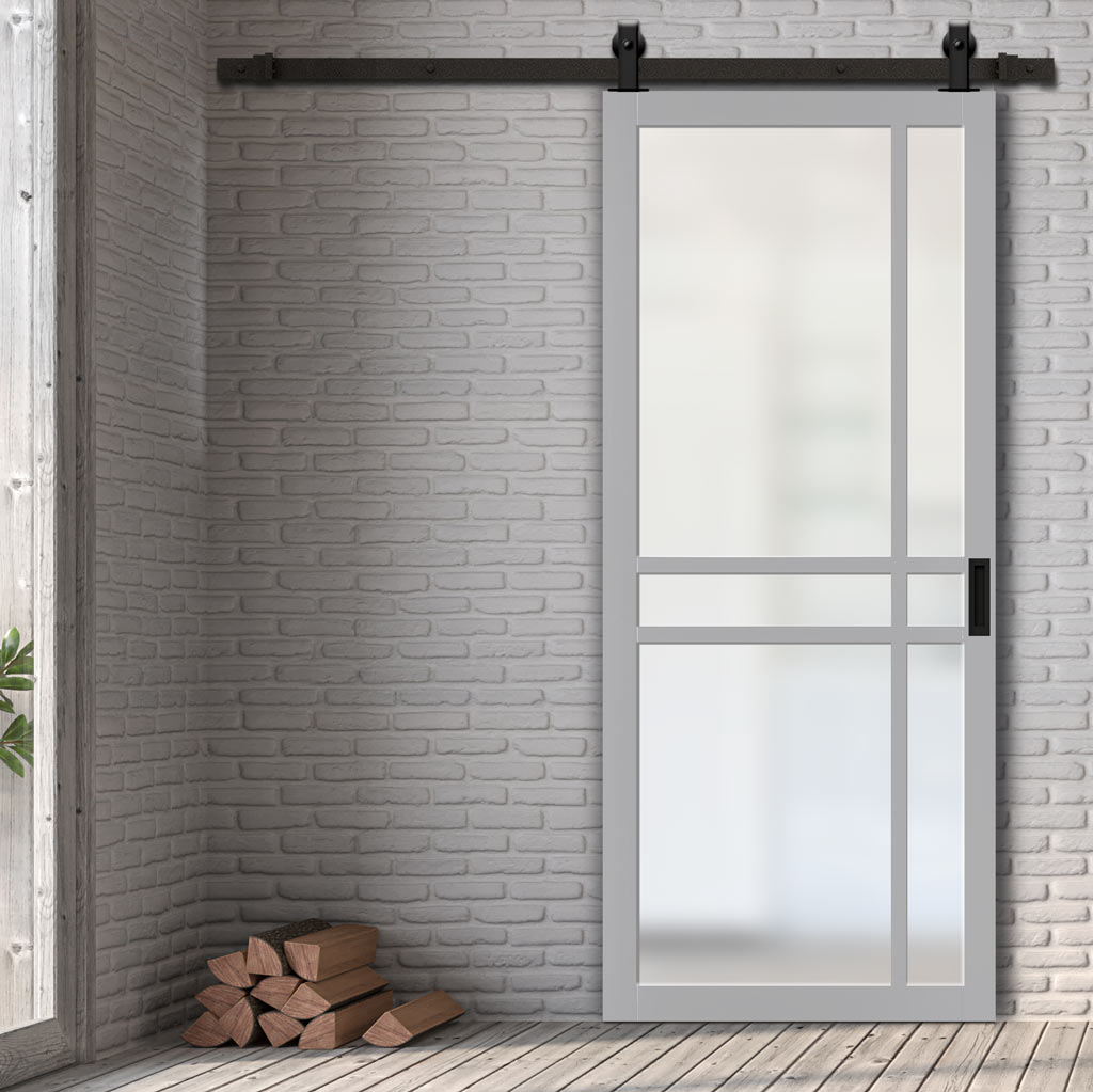 Top Mounted Black Sliding Track & Solid Wood Door - Eco-Urban® Glasgow 6 Pane Solid Wood Door DD6314SG - Frosted Glass - Mist Grey Premium Primed