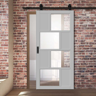 Image: Top Mounted Black Sliding Track & Solid Wood Door - Eco-Urban® Cusco 4 Pane 4 Panel Solid Wood Door DD6416G Clear Glass - Mist Grey Premium Primed