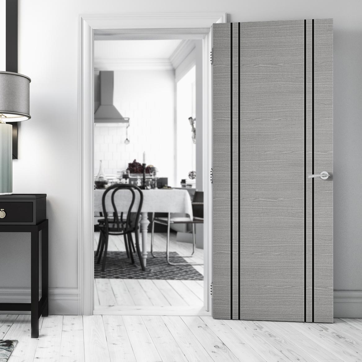 Bespoke Door - Flush Dark Grey Inlay - American Light Grey Ash Veneer - Prefinished