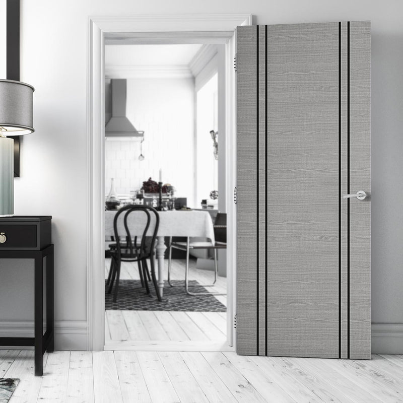 Bespoke Door - Flush Dark Grey Inlay - American Light Grey Ash Veneer - Prefinished