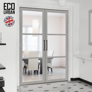 Image: Manchester 3 Pane Solid Wood Internal Door Pair UK Made DD6306G - Clear Glass - Eco-Urban® Mist Grey Premium Primed