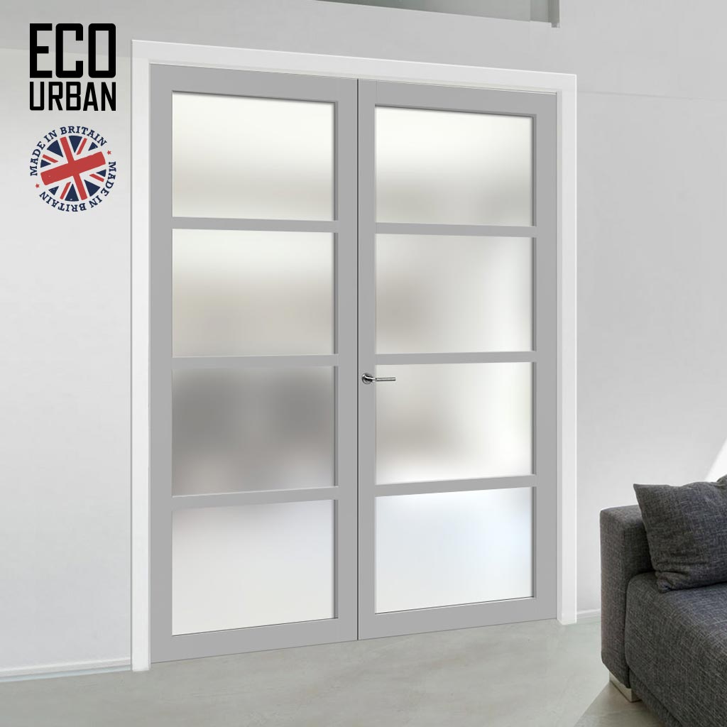 Eco-Urban Brooklyn 4 Pane Solid Wood Internal Door Pair UK Made DD6308SG - Frosted Glass - Eco-Urban® Mist Grey Premium Primed