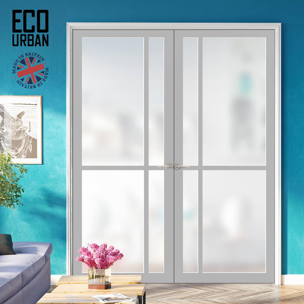 Eco-Urban Marfa 4 Pane Solid Wood Internal Door Pair UK Made DD6313SG - Frosted Glass - Eco-Urban® Mist Grey Premium Primed