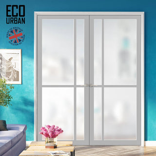 Image: Eco-Urban Marfa 4 Pane Solid Wood Internal Door Pair UK Made DD6313SG - Frosted Glass - Eco-Urban® Mist Grey Premium Primed