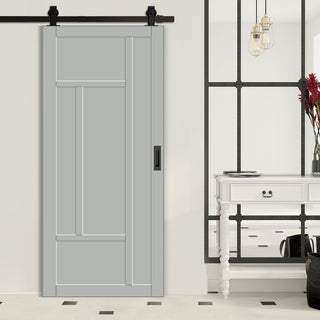 Image: Top Mounted Black Sliding Track & Solid Wood Door - Eco-Urban® Morningside 5 Panel Solid Wood Door DD6437 - Mist Grey Premium Primed