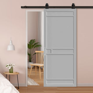 Image: Top Mounted Black Sliding Track & Solid Wood Door - Eco-Urban® Sheffield 5 Panel Solid Wood Door DD6312 - Mist Grey Premium Primed