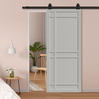 Image: Top Mounted Black Sliding Track & Solid Wood Door - Eco-Urban® Leith 9 Panel Solid Wood Door DD6316 - Mist Grey Premium Primed
