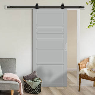 Image: Top Mounted Black Sliding Track & Solid Wood Door - Eco-Urban® Oslo 7 Panel Solid Wood Door DD6400 - Mist Grey Premium Primed