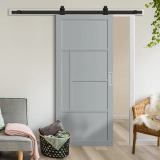 Image: Top Mounted Black Sliding Track & Solid Wood Door - Eco-Urban® Boston 4 Panel Solid Wood Door DD6311 - Mist Grey Premium Primed