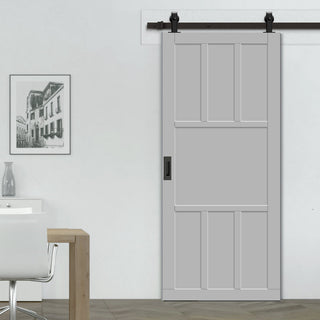 Image: Top Mounted Black Sliding Track & Solid Wood Door - Eco-Urban® Queensland 7 Panel Solid Wood Door DD6424 - Mist Grey Premium Primed