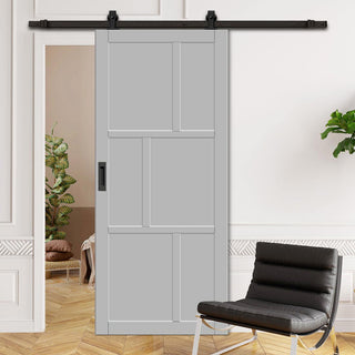 Image: Top Mounted Black Sliding Track & Solid Wood Door - Eco-Urban® Milan 6 Panel Solid Wood Door DD6422 - Mist Grey Premium Primed
