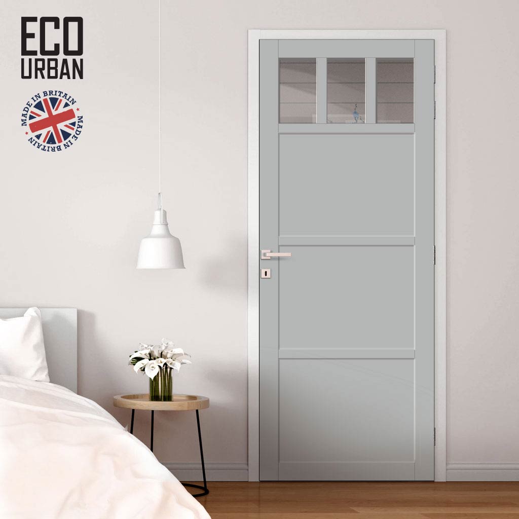 Handmade Eco-Urban Lagos 3 Pane 3 Panel Solid Wood Internal Door UK Made DD6427G Clear Glass - Eco-Urban® Mist Grey Premium Primed