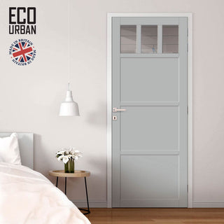 Image: Handmade Eco-Urban Lagos 3 Pane 3 Panel Solid Wood Internal Door UK Made DD6427G Clear Glass - Eco-Urban® Mist Grey Premium Primed