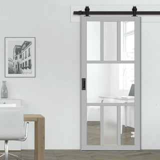 Image: Top Mounted Black Sliding Track & Solid Wood Door - Eco-Urban® Tasmania 7 Pane Solid Wood Door DD6425G Clear Glass(1 FROSTED PANE) - Mist Grey Premium Primed