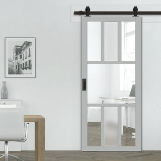 Image: Top Mounted Black Sliding Track & Solid Wood Door - Eco-Urban® Tasmania 7 Pane Solid Wood Door DD6425G Clear Glass(1 FROSTED PANE) - Mist Grey Premium Primed