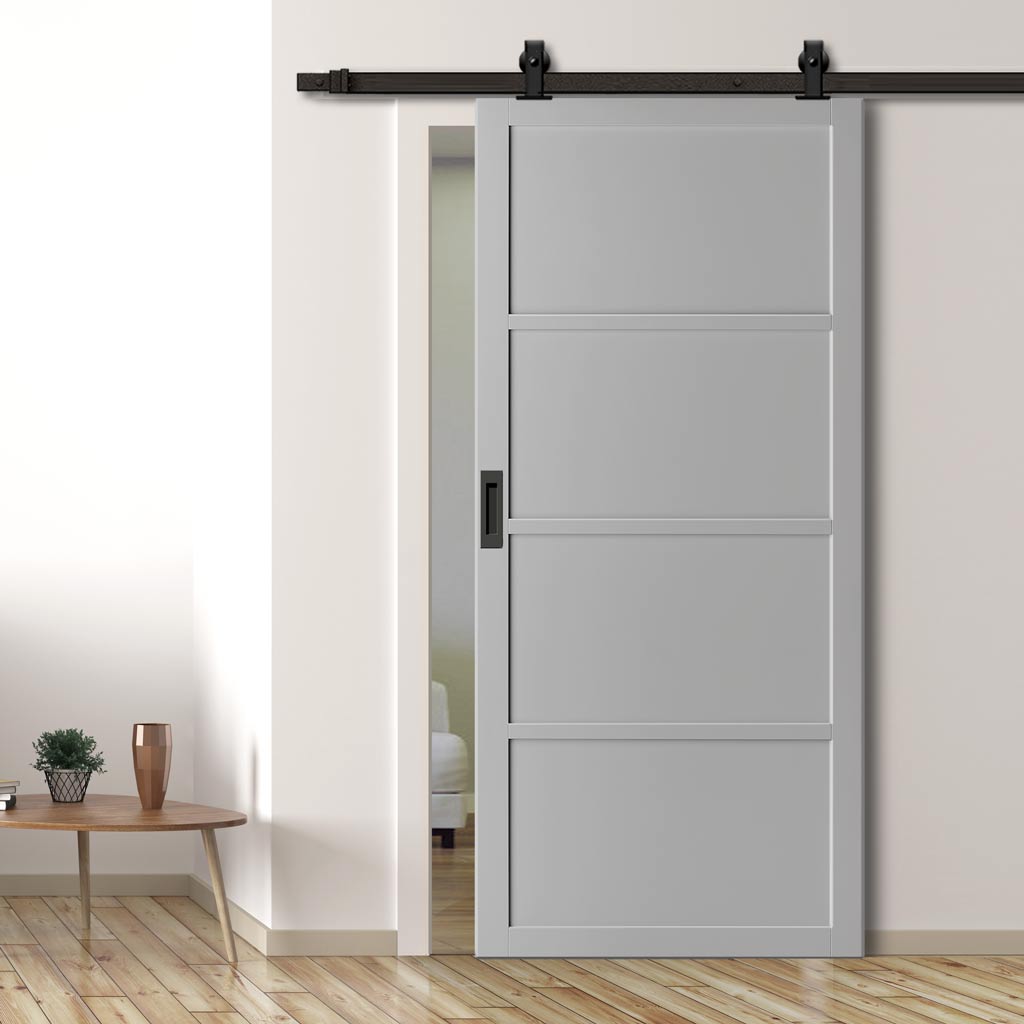 Top Mounted Black Sliding Track & Solid Wood Door - Eco-Urban® Brooklyn 4 Panel Solid Wood Door DD6307 - Mist Grey Premium Primed