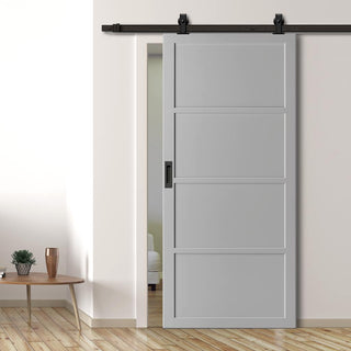 Image: Top Mounted Black Sliding Track & Solid Wood Door - Eco-Urban® Brooklyn 4 Panel Solid Wood Door DD6307 - Mist Grey Premium Primed