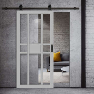 Image: Top Mounted Black Sliding Track & Solid Wood Door - Eco-Urban® Tromso 8 Pane 1 Panel Solid Wood Door DD6402G Clear Glass - Mist Grey Premium Primed