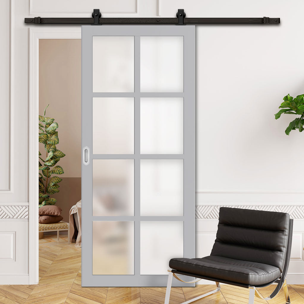 Top Mounted Black Sliding Track & Solid Wood Door - Eco-Urban® Perth 8 Pane Solid Wood Door DD6318SG - Frosted Glass - Mist Grey Premium Primed
