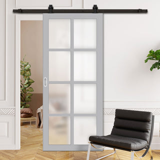 Image: Top Mounted Black Sliding Track & Solid Wood Door - Eco-Urban® Perth 8 Pane Solid Wood Door DD6318SG - Frosted Glass - Mist Grey Premium Primed