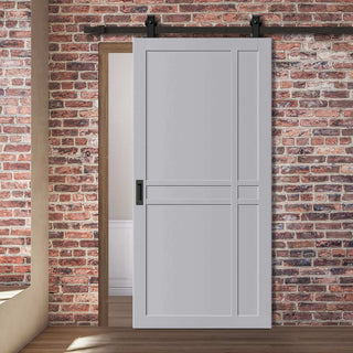 Image: Top Mounted Black Sliding Track & Solid Wood Door - Eco-Urban® Glasgow 6 Panel Solid Wood Door DD6314 - Mist Grey Premium Primed