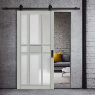 Image: Top Mounted Black Sliding Track & Solid Wood Door - Eco-Urban® Tromso 8 Pane 1 Panel Solid Wood Door DD6402SG Frosted Glass - Mist Grey Premium Primed