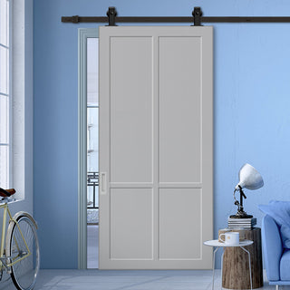 Image: Top Mounted Black Sliding Track & Solid Wood Door - Eco-Urban® Bronx 4 Panel Solid Wood Door DD6315 - Mist Grey Premium Primed