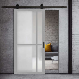 Image: Top Mounted Black Sliding Track & Solid Wood Door - Eco-Urban® Marfa 4 Pane Solid Wood Door DD6313SG - Frosted Glass - Mist Grey Premium Primed