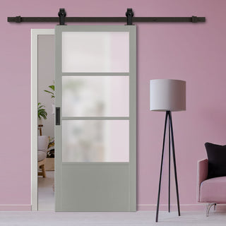 Image: Top Mounted Black Sliding Track & Solid Wood Door - Eco-Urban® Staten 3 Pane 1 Panel Solid Wood Door DD6310SG - Frosted Glass - Mist Grey Premium Primed