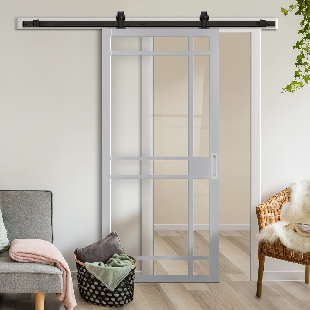 Top Mounted Black Sliding Track & Solid Wood Door - Eco-Urban® Leith 9 Pane Solid Wood Door DD6316G - Clear Glass - Mist Grey Premium Primed
