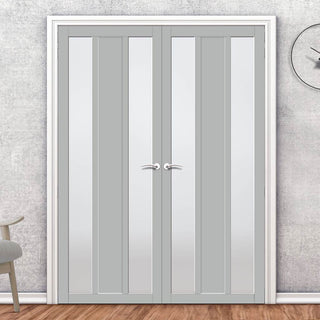 Image: Eco-Urban Avenue 2 Pane 1 Panel Solid Wood Internal Door Pair UK Made DD6410SG Frosted Glass - Eco-Urban® Mist Grey Premium Primed