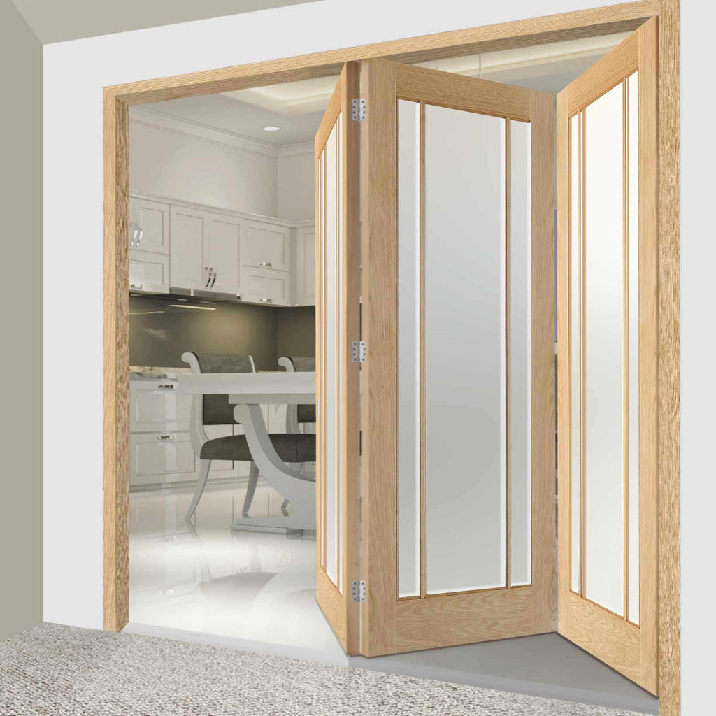Three Folding Doors & Frame Kit - Lincoln 3 Pane Oak 3+0 - Frosted Glass - Unfinished