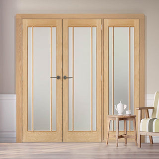 Image: ThruEasi Room Divider - Lincoln 3 Pane Oak Frosted Glass Unfinished Double Doors with Single Side