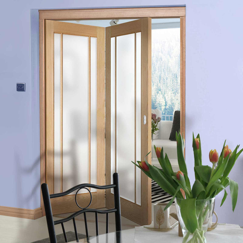 Two Folding Doors & Frame Kit - Lincoln 3 Pane Oak 2+0 - Frosted Glass - Unfinished