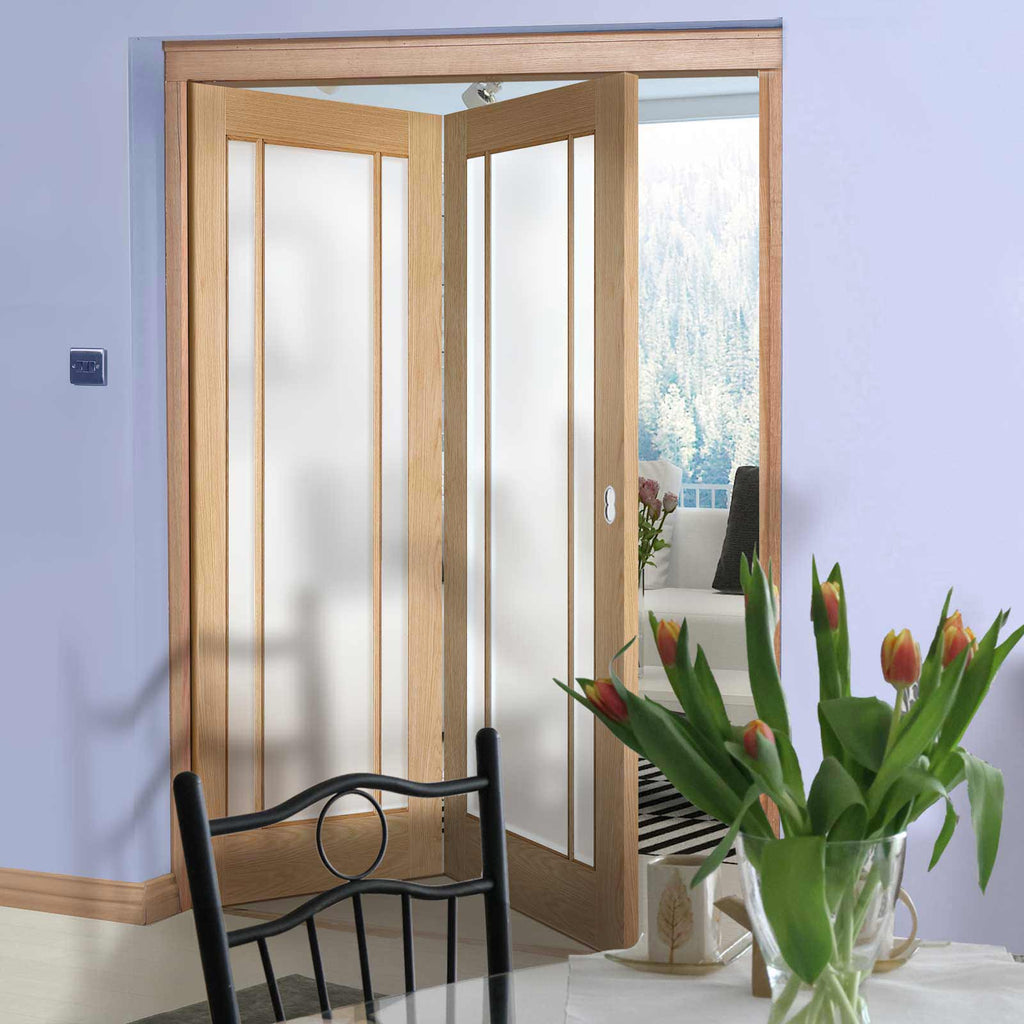 Two Folding Doors & Frame Kit - Lincoln 3 Pane Oak 2+0 - Frosted Glass - Unfinished