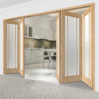 Image: Five Folding Doors & Frame Kit - Lincoln 3 Pane Oak 3+2 - Frosted Glass - Unfinished
