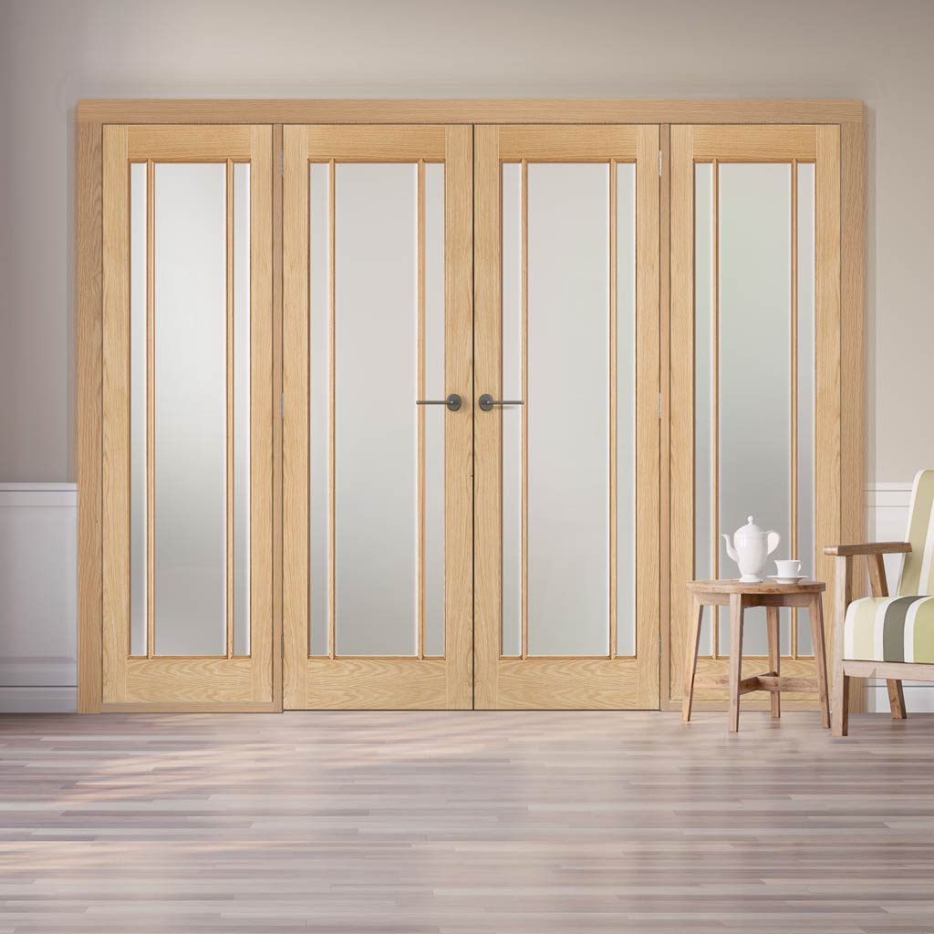 ThruEasi Room Divider - Lincoln 3 Pane Oak Frosted Glass Unfinished Double Doors with Double Sides