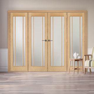 Image: ThruEasi Room Divider - Lincoln 3 Pane Oak Frosted Glass Unfinished Double Doors with Double Sides