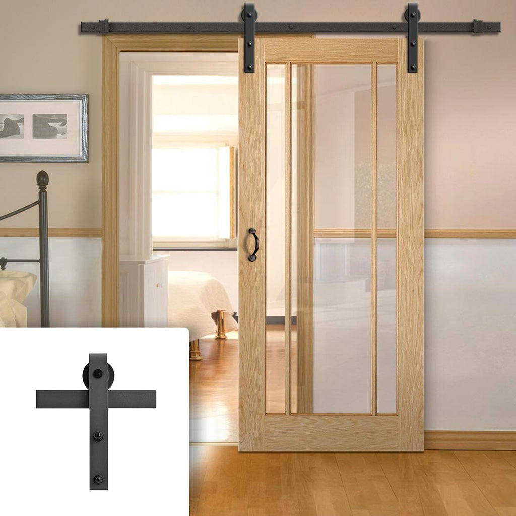 Single Sliding Door & Black Barn Track - Lincoln 3 Pane Oak Door - Clear Glass - Unfinished