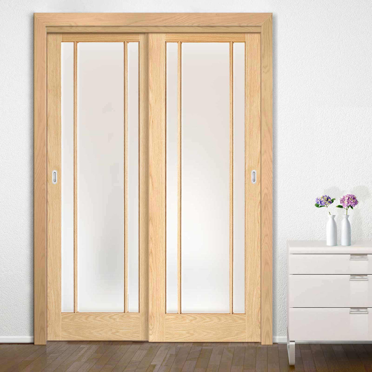 Two Sliding Wardrobe Doors & Frame Kit - Lincoln Glazed Oak Door - Frosted Glass - Unfinished